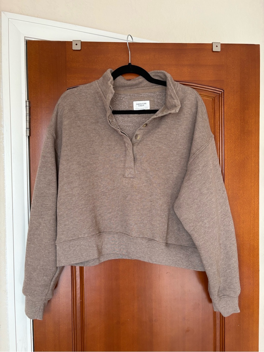 American Eagle Outfitters Cropped Henley Pullover - Taupe Brown
